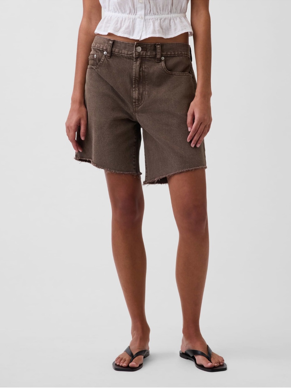 GAP Brown Mid rise Loose Raw-Hem Denim Bermuda Shorts